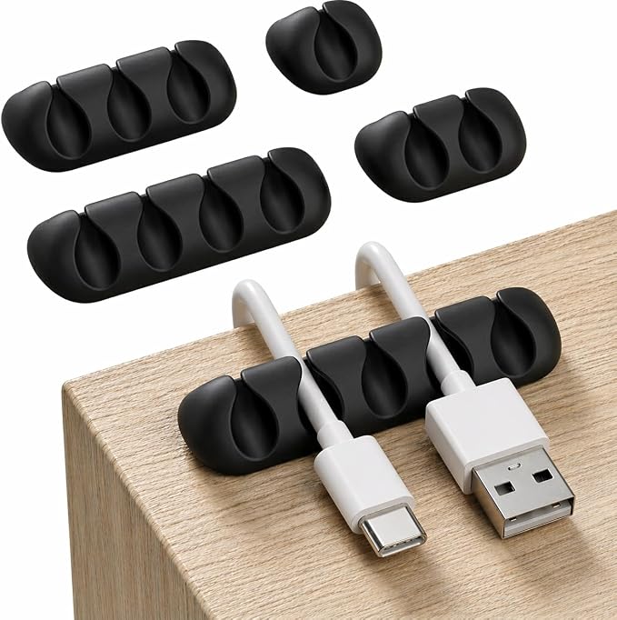 Cord Organizer for Desk, Nightstand Cable Holder, 5 Pack, Multislot, Black | GLUIT Adhesive Charger Organizer, Cable Management for Desk Car Office Home College Dorm Room Cable Clips for Cords