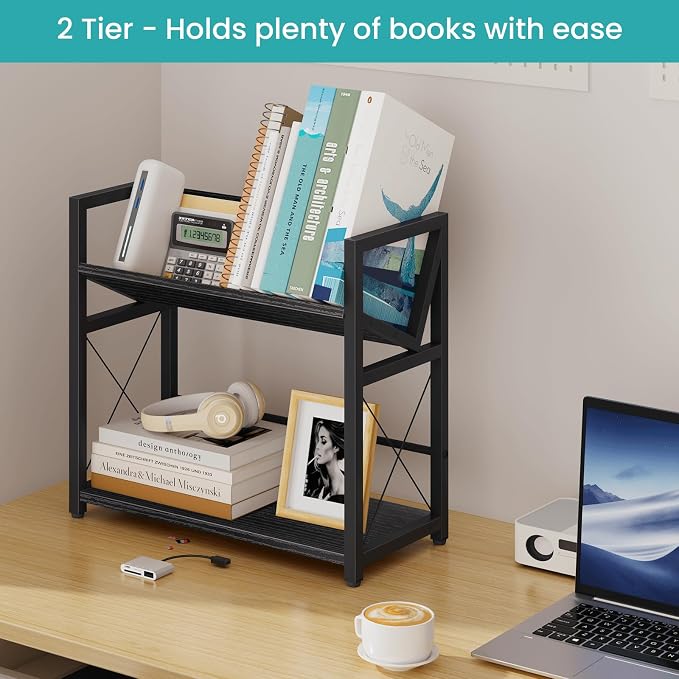 ELITEROO Desktop Bookshelf, 2 Tier Desk Book Organizer Shelf, Wood Tabletop Bookshelf Storage, Small Desk Top Bookcase for Office, Home, or Study, Mini Table Book Rack for Display, Black