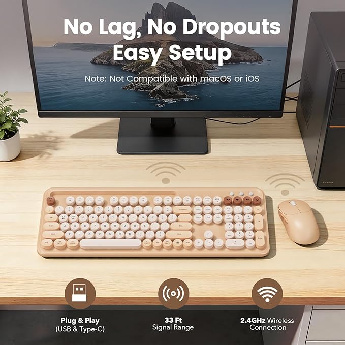 Wireless Keyboard and Mouse Combo, Retro Round Keycaps, Full-Size Typewriter Keyboard with Phone/Tablet Holder, Ergonomic Mouse with 3-Level DPI, 2.4GHz Connection for Windows/PC (Beige Colorful)