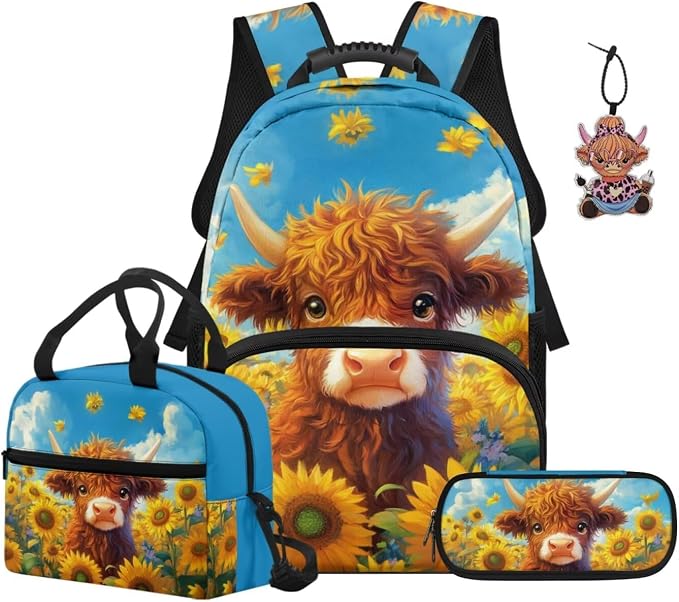 ZFRXIGN Highland Cow Kids Backpack for Boys Bookbag with Pendant 17inch Elementary School Girls Bag and Insulated Lunch Box Portable Pencil Case Blue Sunflower