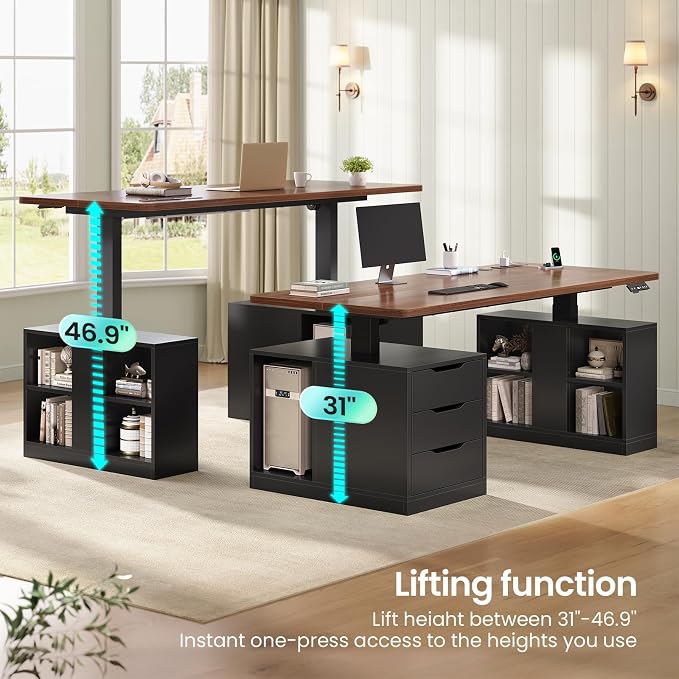 SEDETA Modern Electric Standing Desk, 63" Height Adjustable Computer Desk with 3 Drawers, Storage Shelves, Power Outlets, Wood Home Office Stand up Desk for Work, Study, Writing, Black+ Brown