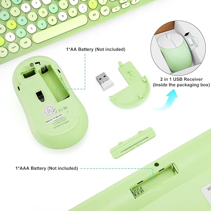 Wireless Keyboard and Mouse Combo, Retro Typewriter Keyboard with Round Keycaps, 2.4GHz USB Cute Wireless Keyboard Mouse for Computer, Desktop, Laptop (Green Colorful)