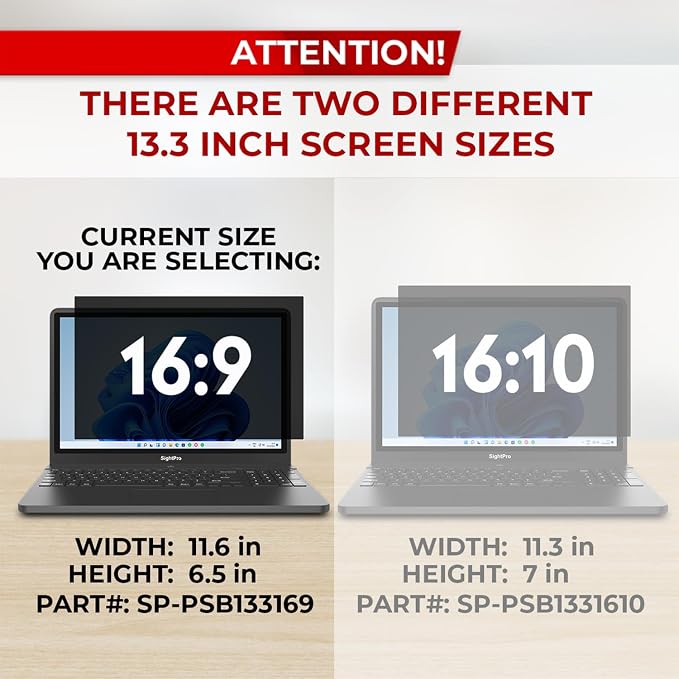 SightPro 13.3 Inch 16:9 Laptop Privacy Screen Filter - Computer Monitor Privacy Shield and Protector - High Clarity