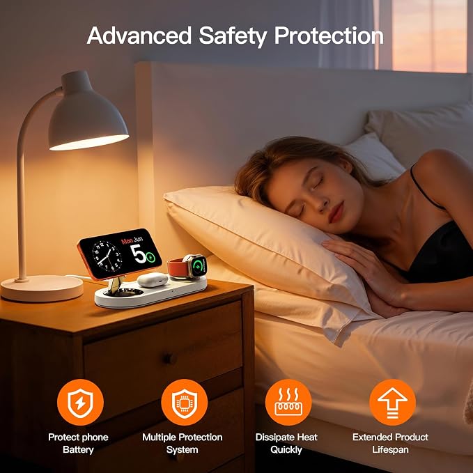 15W Magnetic 3 in 1 Wireless Charging Station,No Blue Light Disturbing Sleep,for iPhone17-12, Fast 5W Charger for Apple Watch AirPods,Foldable Stand, MagSafe Charger Dock for Nightstand Desk Travel
