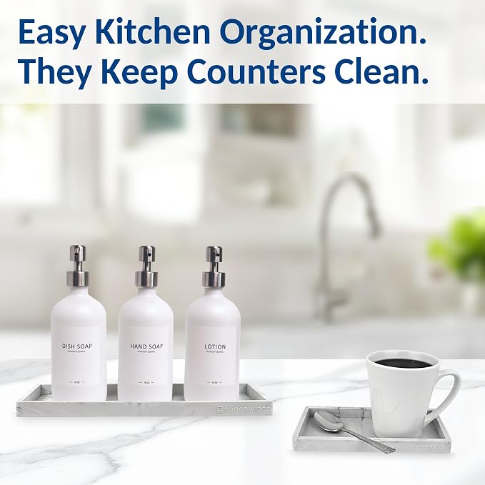 Countertop & Vanity Silicone Tray – 2 PC (11.7" & 7.7") Set | Bathroom Tray & Kitchen Soap Tray Set, Bathroom Counter Tray, Kitchen Sink Dish Soap Tray for Countertop Organization