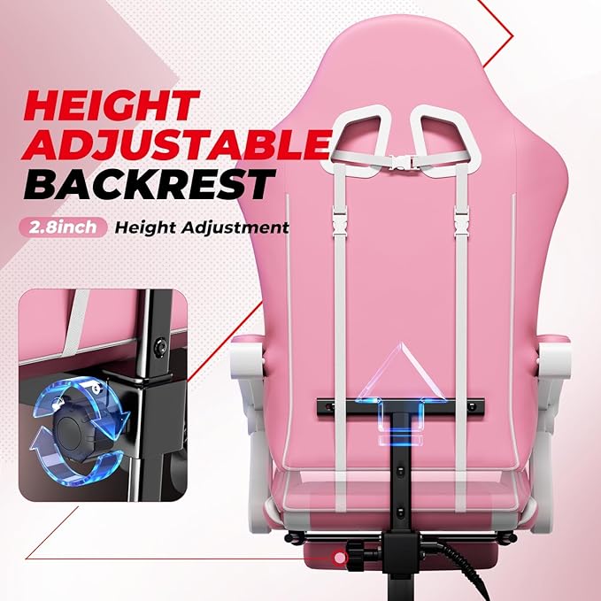 Auto Dynasty Ergonomic Gaming Chair, High-Back Office Chair w/Adjustable Lumbar Support, Linkage Armrest, Headrest & Footrest, 350LBS Recliner Swivel Computer Game Racing Chair, Pink/White