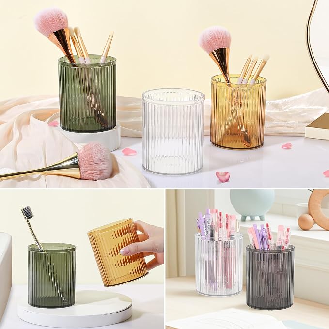 DASITON Makeup Brush Holder Organizer, Acrylic Makeup Brush Cup, Vintage Striped Make Up Brush Holder for Vanity, Bathroom Countertop, Toothbrush Holders, Pen Holder for Desk Storage (Yellow)
