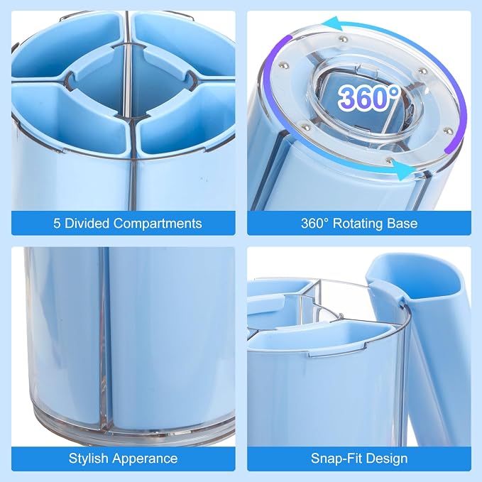 Comix 360° Rotating Pen Holder for Desk, Blue Pencil Holder with 5 Slots | Expandable Capacity, Acrylic Pen Organizer Easy to Clean, Cute Pencil Cup for Home School Office Art Supplies