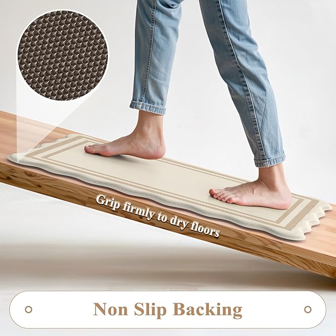KIMODE Anti Fatigue Kitchen Mats, Padded Kitchen Floor Mats,Boho Kitchen Rugs Sets of 2, Beige Scalloped Rugs for Kitchen Floor, Cushioned Standing Mat for Laundry Office Sink Desk 17"x47"+17"x29"