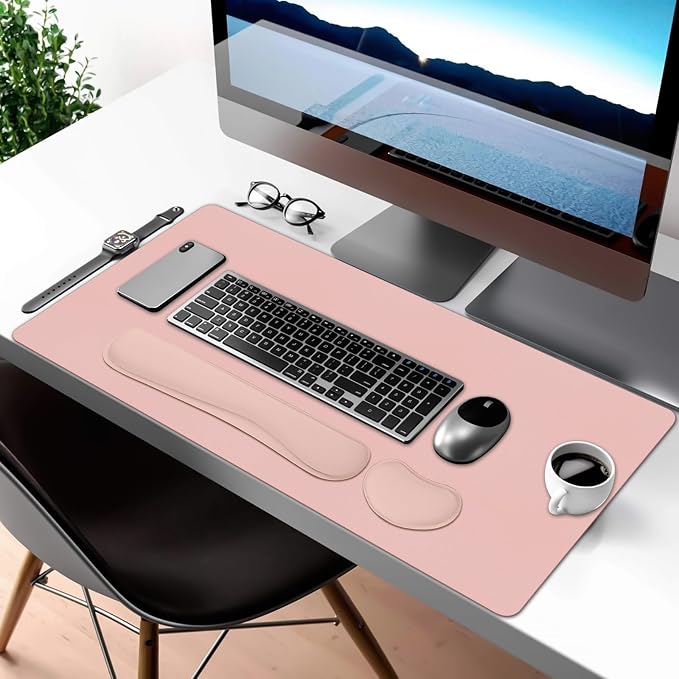 Desk Pad Mat Set,3-in-1 Large Mouse Pads with Wrist Rest and Keyboard Pad, Pink Desk Mats for Keyboards and Mouses, Ergonomic Keyboard and Mouse Mat Set for Office Home Decor, 31.5" x 15.7"