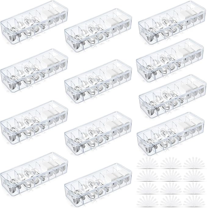 Tatuo 12 Pcs Cord Organizer for Drawer Desktop, Cable Organizer Box with 8 Compartments and Wire Ties, Plastic Charger Storage with Lid, Electronics Case for Home Office Accessories (Small,Clear)