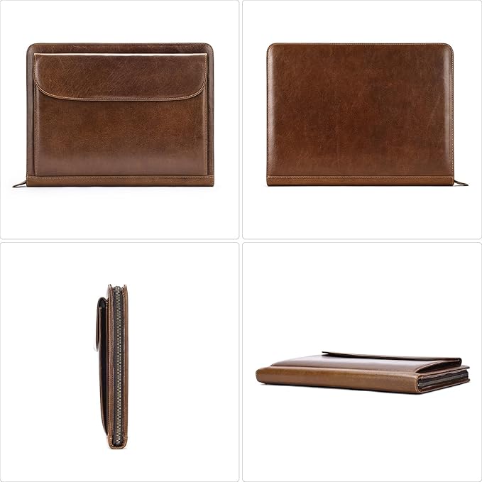 Genuine Leather Portfolio Men Women Zipper Business Resume Padfolio Binder A4 Meeting Folder Organizer 13 inch brown coffee