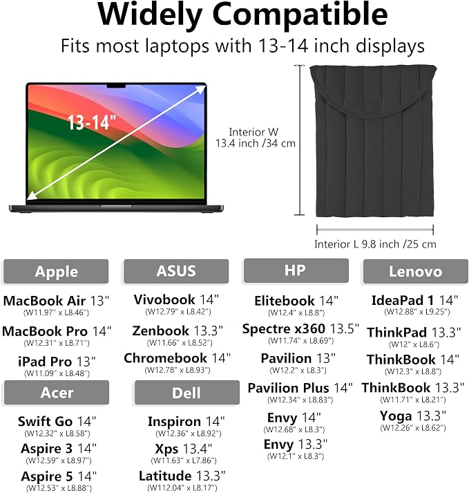 Puffy Laptop Sleeve Set 13-14 Inch Black, Protective Carrying Case for Men and Women, Cute Case Bag Compatible with 13 and 14 Inch Laptops, for MacBook Air M2, Asus/Dell Xps in Cover