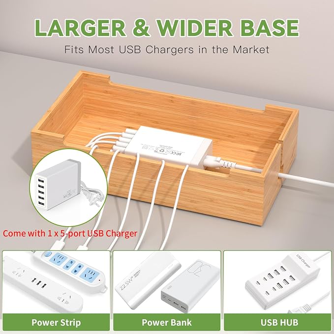 Pezin & Hulin Cell Phone Charging Station for Multi Devices-Natural Bamboo | All in One Desktop Charger Organizer, with Power USB Charge Adapter and 6 Cables, Use As Power Strip Hidden Box