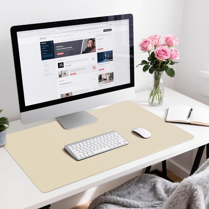 Leather Desk Pad Protector, Office Desk Mat, Large Mouse Pad, Non-Slip PU Leather Desk Blotter, Waterproof Computer Desk Writing Pad for Office and Home (Beige, 23.6" x 13.7")