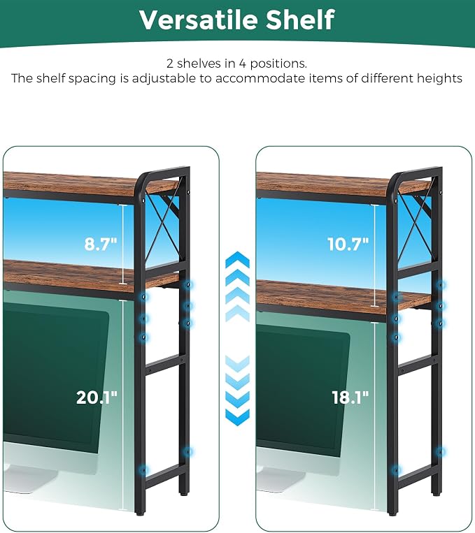 Desk Hutch Dorm with Adjustable Shelves and Side Pockets | 2-Tier Desktop Bookshelf Organizer, Monitor Stand, Large-Capacity Display Shelf Rack for Home Office or Study, Rustic Brown
