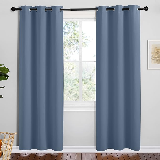NICETOWN Short Curtains for Kitchen, Stone Blue, 1 Pair, 42 inches Wide by 78 inches Long, Thermal Insulated Solid Grommet Blackout Window Treatment Curtain Panels for Loft, Cafe