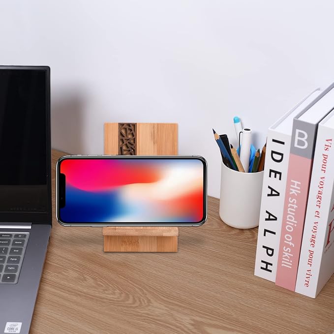 Mobile Stand Japanese Style Cellphone Holder Desktop Organizer Charging Station Compatible with All Smartphones Tablets Natural Bamboo Wood Portable Adjustable Angle (Pattern-Hole)