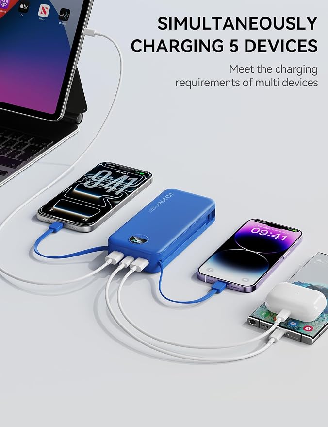 Nusyddy Portable Charger 20000mAh PD20W w/Built-in Cables & Wall Plug Navy | PD20W Fast Charging, High Capacity, LED Display, Charge 5 Devices at once, TSA Approved, Compatible with iPhone/iPad/Samsung