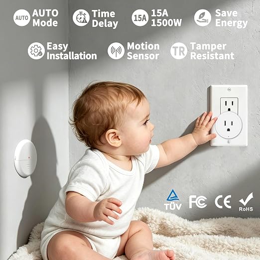 NineLeaf Wireless Motion Sensor WiFi Outlet 260FT Remote Smart Switch | App Control, Adjustable Sensing Mode, WIFI Auto Control Lights Fan Appliances, No Wiring,Garage,1Sensor 4Plugs