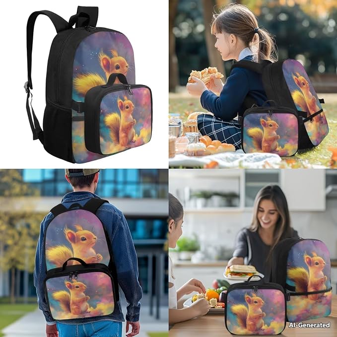 Doojoayie Elementary School Backpack for Girls Squirrel Bookbag with Lunch Box Kawaii Kids Backpack Ages 7-8 Girls School Supplies for Primary 1st Grade Schoolbag Traval Back Pack