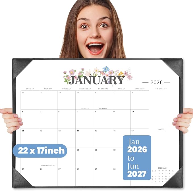 Desk Calendar 2026-2027 - 18 Month Desktop Calendars (Jan 2026–Jun 2027),Large 22x17 Monthly Calendar with Home & Office Floral Desk Pad Calendars (Black, 22 * 17)