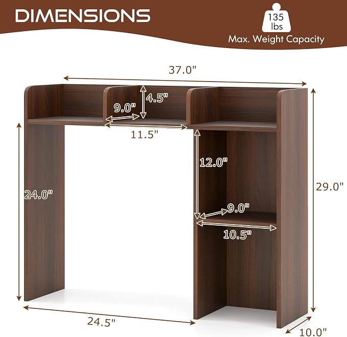 Tangkula Desktop Bookshelf, Countertop Storage Hutch with Shelves for Computer Desk, Desk 3-Tier Display Rack, Multipurpose Wood Desktop Hutch Storage Organizer for Dorm Office (Walnut)