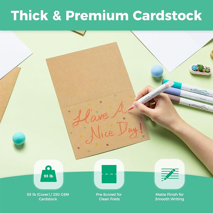 Ohuhu Blank Brown Kraft Cards and Envelopes 100 Pack - 4.25" x 5.5" Folded Cardstock Paper and A2 Envelopes for DIY Greeting Cards Wedding Birthday Invitations Thank You Cards and All Occasions