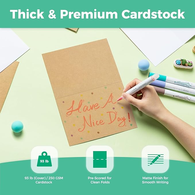 Ohuhu Blank Brown Kraft Cards and Envelopes 100 Pack - 5" x 7" Folded Cardstock Paper and A7 Envelopes for DIY Greeting Cards Wedding Birthday Invitations Baby Shower Thank You Cards and All Occasions