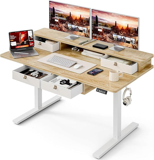 Grandder Electric Standing Desk with Four Drawers, Sit to Stand Up Height Adjustable Desk with Storage Shelf for Home Office, 55 * 28 Inch, Study, Ergonomic Adjustable Computer Desk, Oak