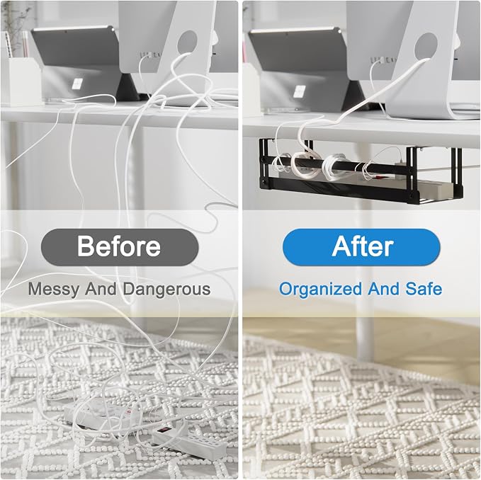 PAVSTINE Under Desk Cable Management Tray, 17 in Metal Cable Tray Basket | For Wire Management, Power Strip Holder, Cord Organizer, Wire Tamer for Home/Office Desk Cable Hider Black