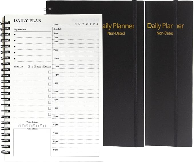 Daily Planner Undated 2 Pack, A5 To Do List Notebook with Hourly Schedules, Spiral Time Management Organizer for Man Women, 8.3" x 5.6" 152 Pages