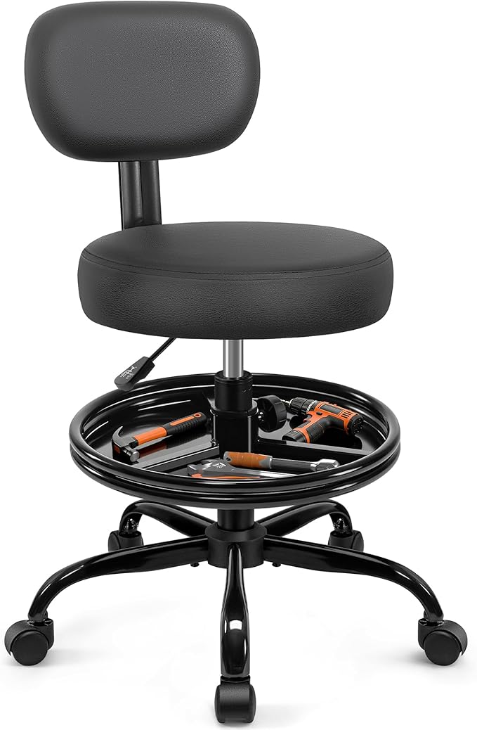 BestGlory Shop Stool with Wheels for Garage, Mechanics Rolling Chair with Backrest, Adjustable Height Heavy Duty Garage Stool with Footrest and Storage Tray, Swivel Task Chair for Workshop Salon