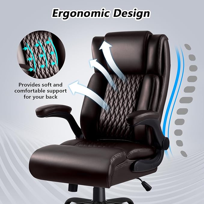 Office Chair, Big and Tall 400LBS Heavy Duty Executive Office Desk Chair with Flip-up Armrest, Ergonomic Swivel High Back Office Chairs with Lumbar Support, PU Leather (Brown)
