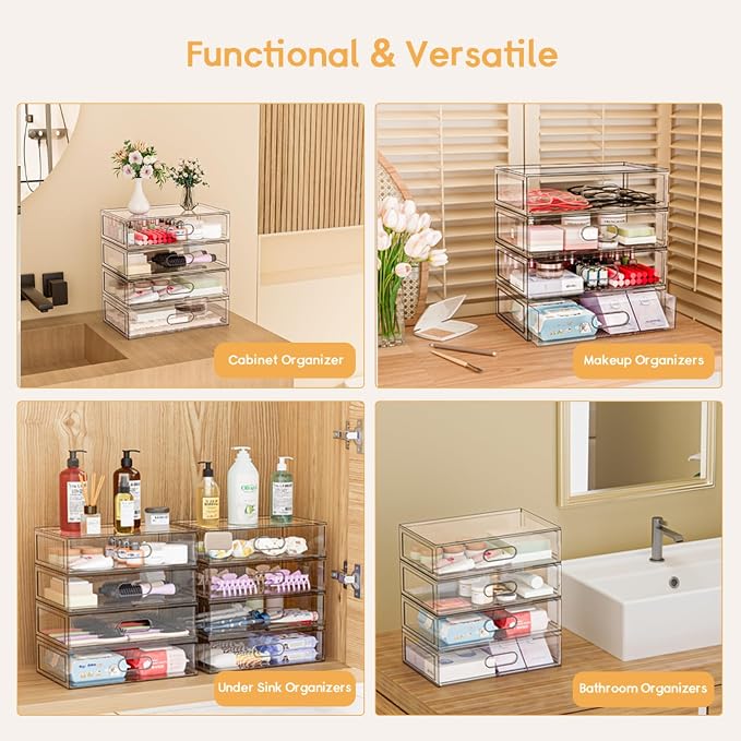 Clear Stackable Makeup Organizer with Drawer, 12''W Acrylic Storage Drawers | Cosmetic Display Case for Vanity Bathroom Countertop Drawers, Beauty Holder for Lipstick Brush Skincare Perfume