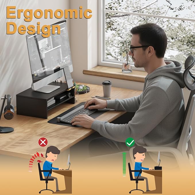 TEAMIX 2 Tiers Wood Monitor Stand Riser with Phone Holder & Side Pen Holder | Black Desk Organizer, 15.7L x 9.5W x 5.7 inch, Holds 80 lbs, Laptop/PC/Printer Stand, Ergonomic Design, Home Office Supplies
