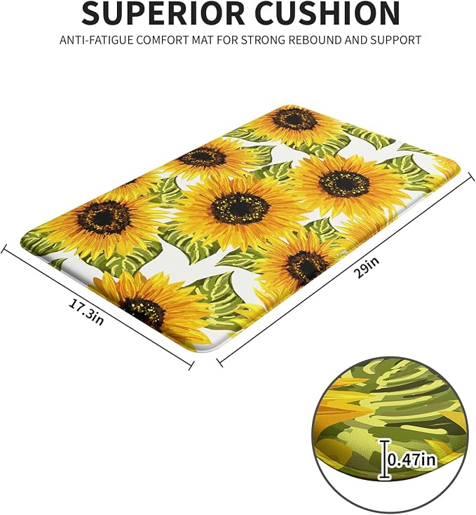 Sunflower Kitchen Decor Kitchen Mat, Cushioned Anti Fatigue Non-Slip | Bright Sunflower Pattern,Yellow docor,Cushioned Comfort,Non-Slip Backing,Waterproof Surface,Easy Clean,Kitchen Sink,Laundry