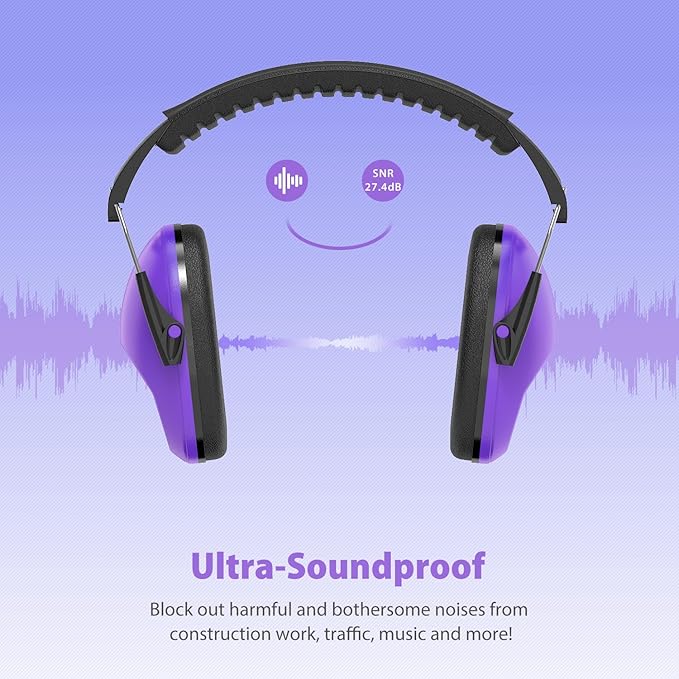 Ear Muffs for Noise Reduction: EM100 SNR27.4 Kids Ear Protection with Adjustable Headband - Kids Noise Cancelling Headphones for Monster Truck, Concerts, Fireworks and Air Shows - Purple
