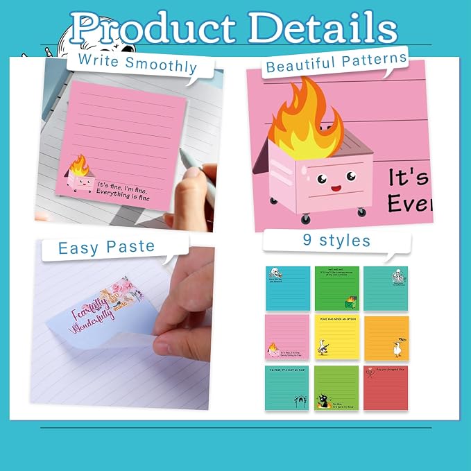 Funny Sticky Notes Gifts - 9 Pack Colorful Fun Notepads Gag Gifts for Work 3x3 Inch, Sarcastic Self-Adhesive Memo Pads School Office Supplies for Coworkers (450 Sheets)