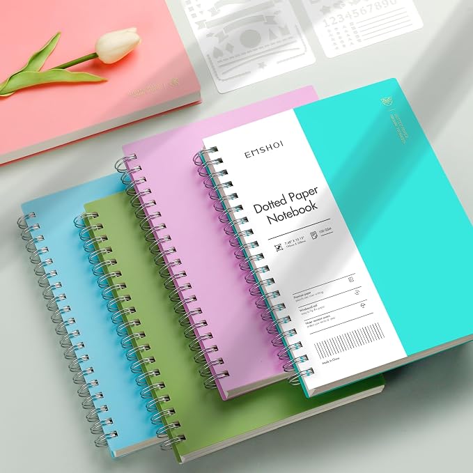EMSHOI Dotted Journal Spiral Notebook, 300 Pages, B5 Large 7.48"x10.15", 100 GSM Thick Paper, Flexible Plastic Cover, 5mm Dot Grid Notebook for Journaling, Planning, Drawing, Writing, Purple