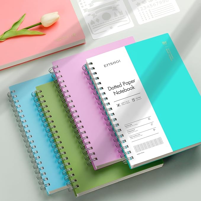EMSHOI Dotted Journal Spiral Notebook, 300 Pages, B5 Large 7.48"x10.15", 100 GSM Thick Paper, Flexible Plastic Cover, 5mm Dot Grid Notebook for Journaling, Planning, Drawing, Writing, Green
