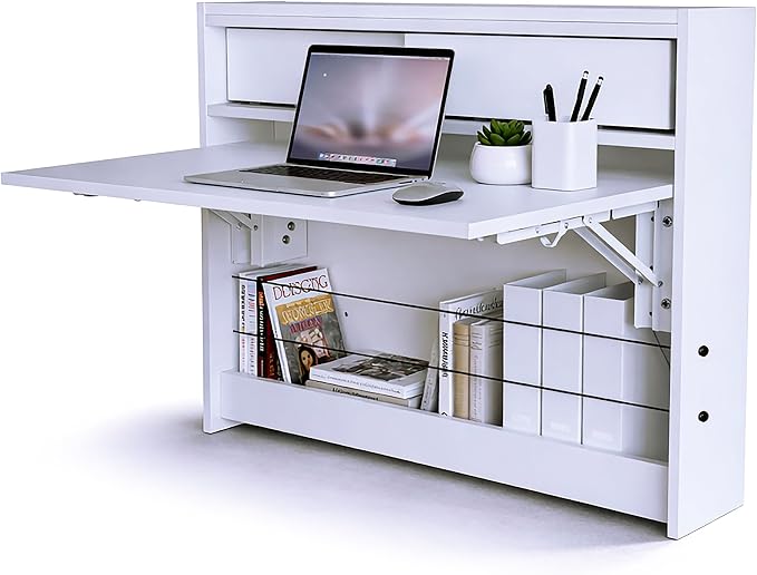Wall Mounted Desk 31 inches, Folding Table with Shelves, Space Saving Computer Table, Floating Table for Wall, Multi-Purpose Folding Desk Perfect for Workstations, Dining, or Laundry Area.