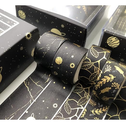 Creative Washi Tape Set 10 Rolls Gold Foil Print Decorative Masking Tapes for Arts, DIY Crafts, Journals, Planners, Scrapbook, Wrapping (Gold Dark)