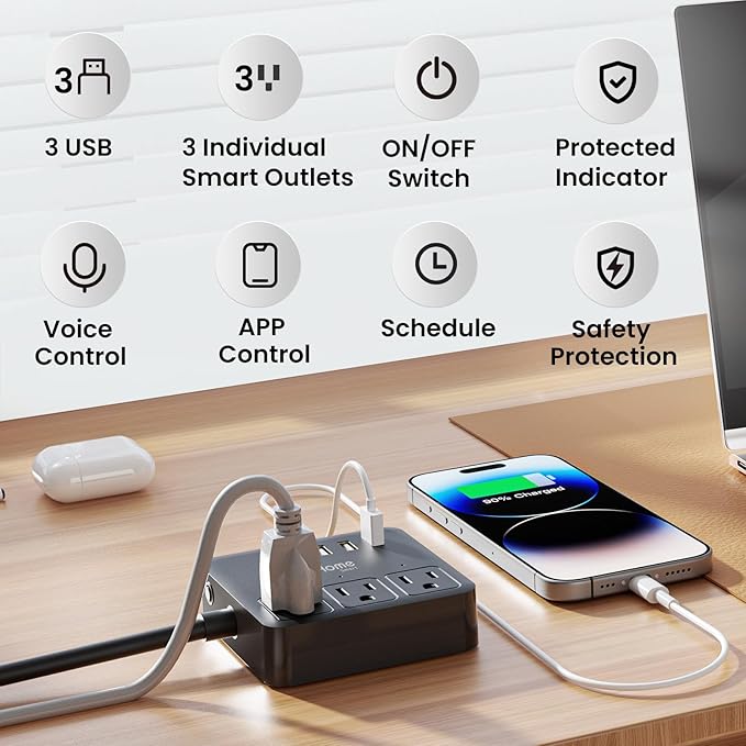 GHome Smart Plug Power Strip Works with Alexa & Google Home - 3 Individually Controlled Smart Outlets Switches 3 USB Ports, 4FT Extension Cord, WiFi Power Strip, Multi-Plug Extender for Home Offices