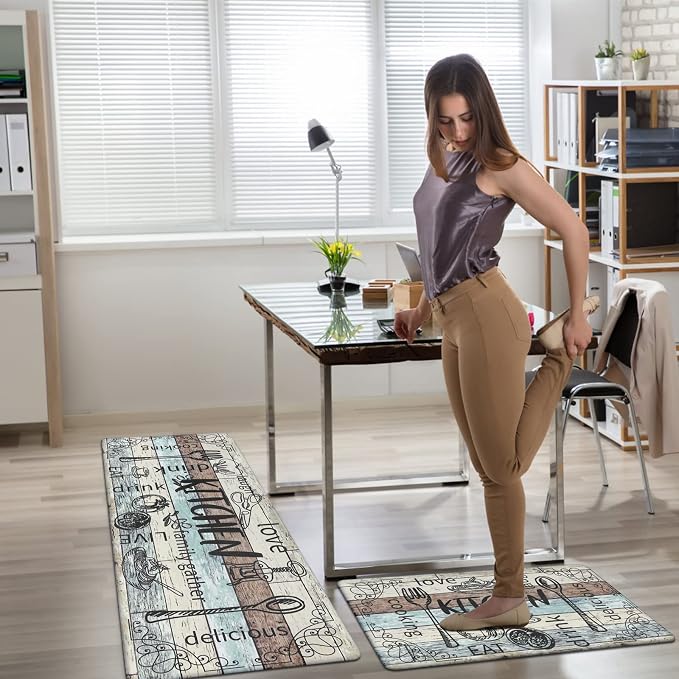 HEBE Kitchen Rugs Set of 2, Cushioned Anti Fatigue Kitchen Mats for Floor, Non Slip Waterproof Comfort Standing Desk Mat Carpet for Sink, Stove, Laundry Room