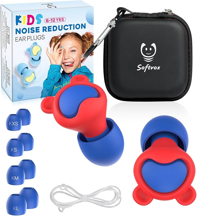 Kids Ear Plugs (6-12 Years) with Cord, Kids Ear Protection Reusable Noise Relief Earplugs for Focus, Travel, Concert, Socializing, Events, Sleep, Anxiety, School, Playtime -26dB Noise Reduction,NRDBU