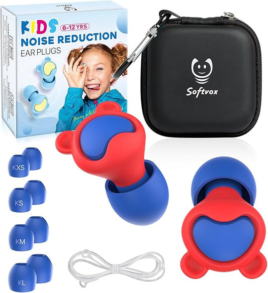 Kids Ear Plugs (6-12 Years) with Cord, Kids Ear Protection Reusable Noise Relief Earplugs for Focus, Travel, Concert, Socializing, Events, Sleep, Anxiety, School, Playtime -26dB Noise Reduction,NRDBU