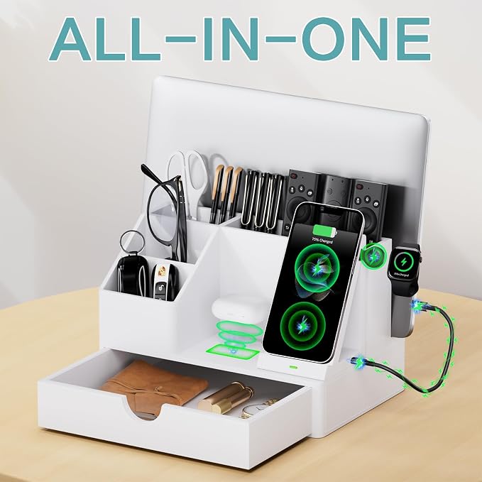 Sleek White PU Leather Charging Station with Drawer - 6-in-1 Multi-Device Desktop Organizer Docking Hub for iPad, Tablet, Laptop, Phone, Watch, Office Home Gift Idea