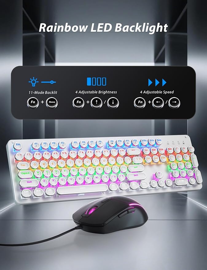 Typewriter Mechanical Gaming Keyboard and Mouse, Metal Panel Retro Keyboards with Round Keycap Blue Switch, Rainbow LED Backlit 104-Key Anti-Ghost Wired Mouse and Pad Combo for PC Laptop Mac Gamer