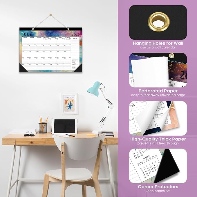 Desk Calendar 2026-2027, 18-Month Calendar Runs from July 2026 to December 2027, Large 17" x 12" Monthly Desktop & Wall Calendar for Home & Office - Gilded Elegance